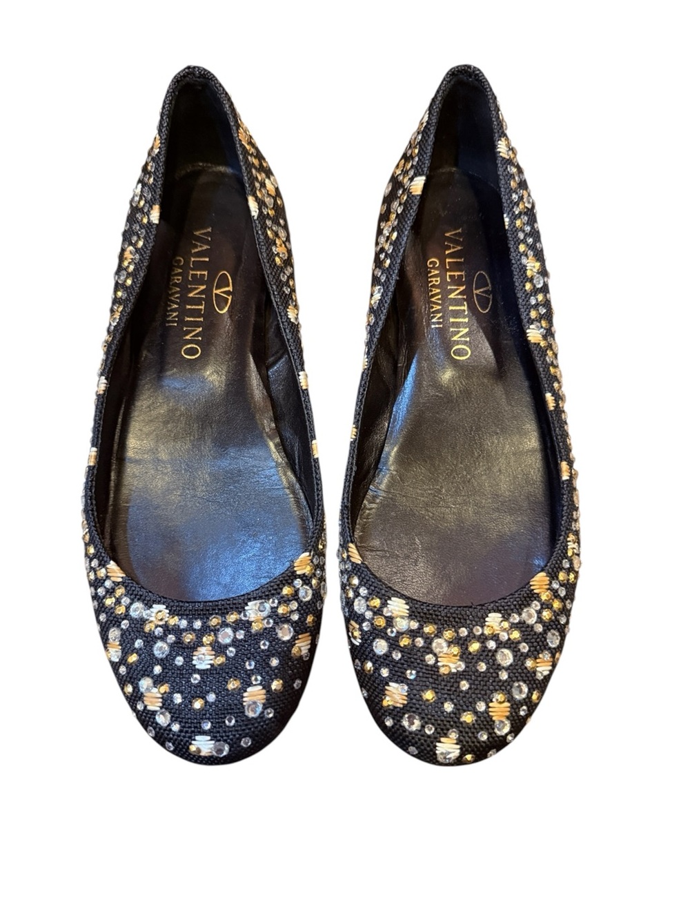 Valentino Garavani Black Embellished Crystal Flats sz 37
